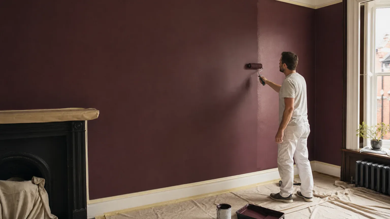 Illustrative AI-generated decorator applying a deep plum wall finish